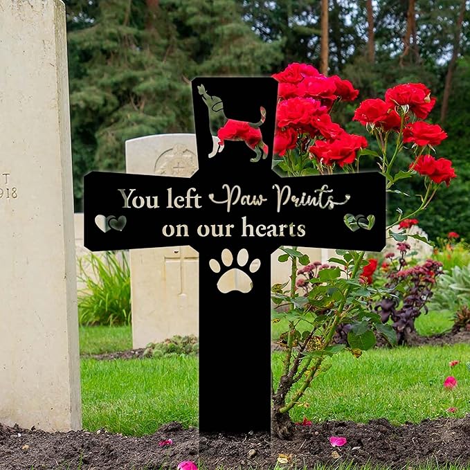 Metal Pet Memorial Garden Decoration – Dog Grave Cross for Outdoor or Indoor Display, Weatherproof Headstone Plaque for Loss of Beloved Pet, 12in Graveyard Tribute Sign