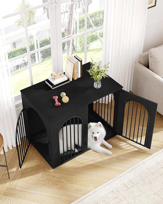 44.1" Wooden Dog Crate Furniture, Indoor Dog Kennel Dogs Cage for Small/Medium/Large Dogs, Heavy Duty Dog Crates Decorative Pet House End Side Table TV Stand, Black DFC83904B