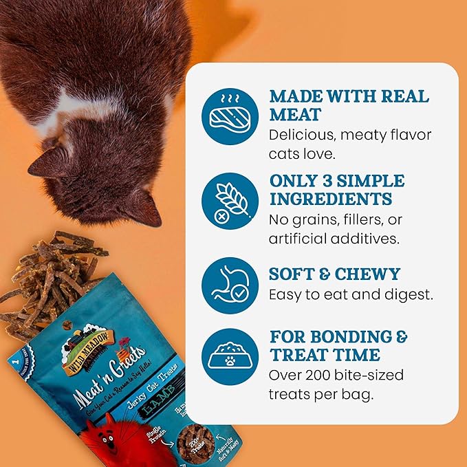 Wild Meadow Farms - Cat Treats - Meat 'N Greets - Soft Jerky Treats with Real Meat, High Protein, Grain-Free, Perfect for Training & Rewarding, All Natural Snacks for Cats - Lamb Flavor