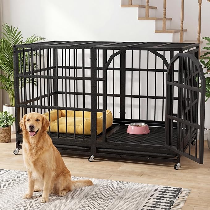Asee'm 48 inch Heavy Duty Dog Crate for Large Dogs with Wheels, Indestructible Escape-Proof Dog Kennel Cage Indoor for High Anxiety Dogs with Locks and Removable Trays (Black)