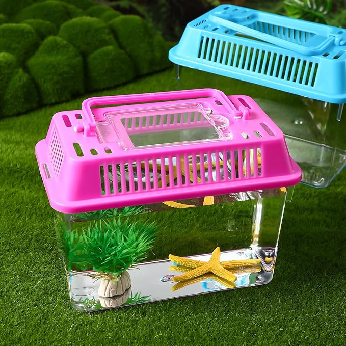 Angoily 4pcs Portable Turtle Tank 5. 9x4. 3x3. 7 Inch Plastic Handheld Fish Tanks Reptile Habitat Small Pet Aquarium with Handle for Travel and Home Use
