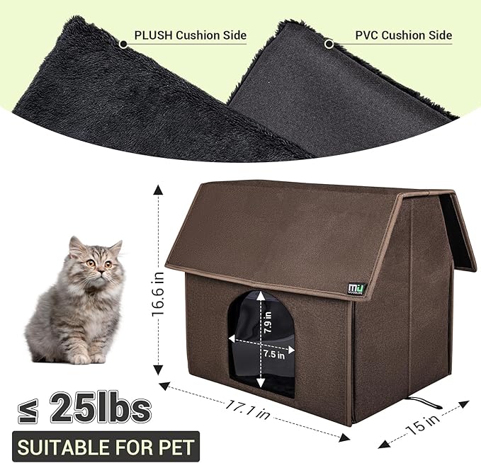 MIU COLOR Outdoor Cat House, Upgraded Large Weatherproof Cat Houses for Outdoor Cats, Insulated Feral Cat Shelter with Removable Soft Mat, Easy to Assemble,17.1" x 15" x 16.6", Brown
