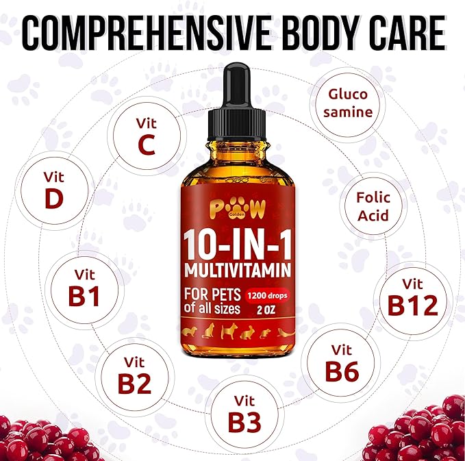 Liquid Multivitamin for Dogs with Glucosamine – Help with Allergies & UTIs – Dog Vitamins and Supplements – Cat Multivitamin for Hips & Joints – B, C & D3 for Coat Shining & Digestion – 2 oz