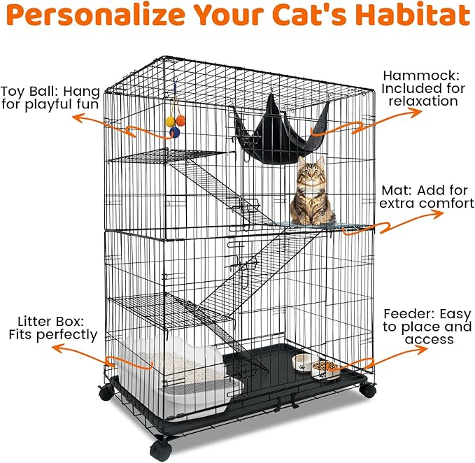 Homey Pet 50 Inch Cat Cages Indoor, Large 4-Tier Cat Crates for Indoor Cats, Collapsible Metal Wire Cat Kennel Big Multi-Level Cat Cage for Adult Cats Kitten Kitty with Hammock, Ramp, 360° Wheels