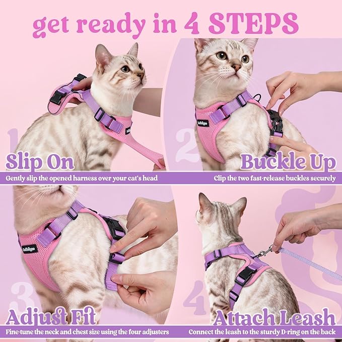 rabbitgoo Cat Harness and Leash for Walking, Escape Proof Soft Adjustable Vest Harnesses for Cats, Easy Control Breathable Reflective Strips Jacket, Pink & Purple, XS