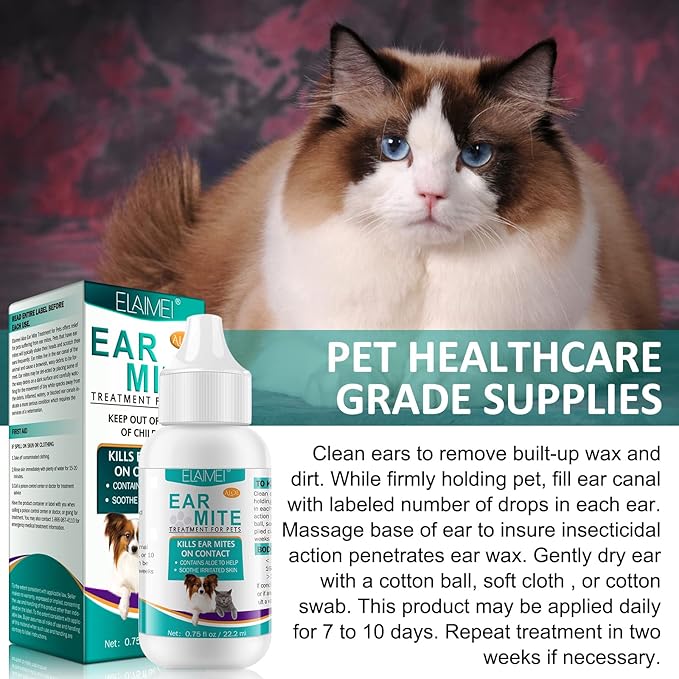 Ear Mites Clean for Dogs & Cat, with Aloe Vera, Cleaner on Contact & Soothes Itching, Vet-Recommended Formula for Pets Ear Cleaning, Fast-Acting
