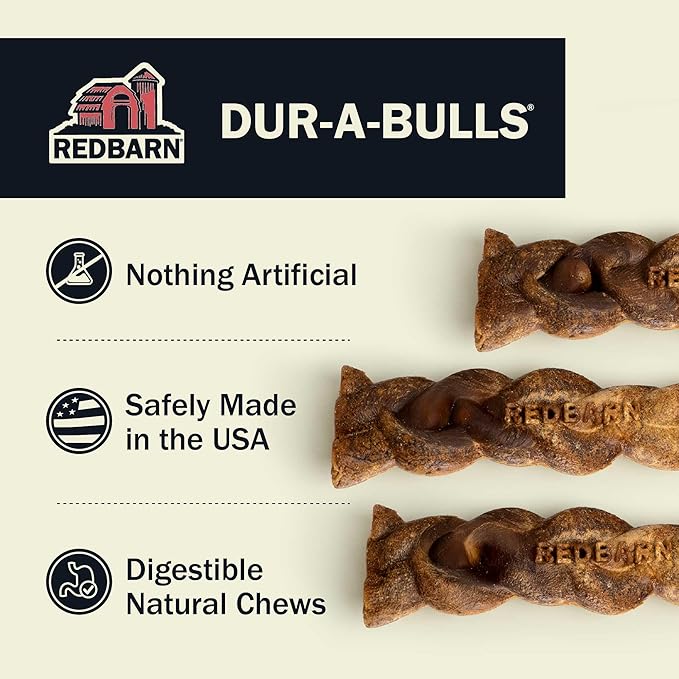 Redbarn Natural Dur-A-Bulls Treats for Dogs - 3 Large Braids - Hickory Flavor - Made in USA Long Lasting 100% Edible No Artificial Ingredients or Plastic