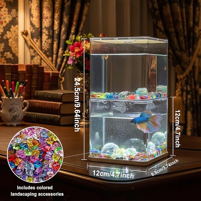 Small Betta Fish Tank, 2-Pack 0.3 Gallon Mini Aquarium with Adjustable Base Light & Gravels & Resin Crystal, Acrylic Fish Bowl for Desk Homes or Offices, Ideal for Beta Fish,Goldfish (White -2 Pack)