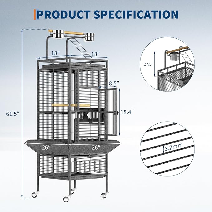 61" Large Bird Cage, Metal Parrot Cage with Play Top, Rolling Stand & Bowls - Bird Aviary for Macaws, Cockatoos, Conures, Black