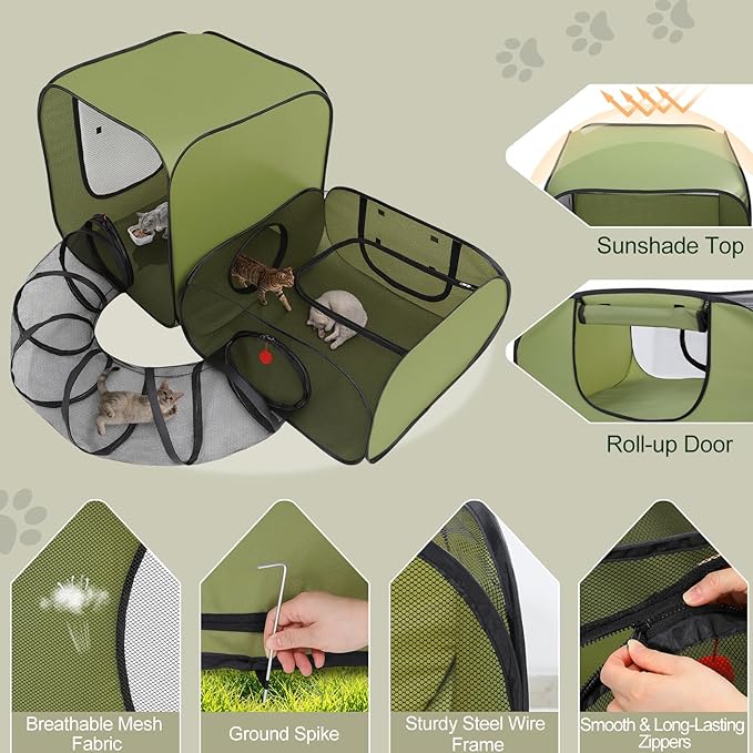 Cat Playpen, 3-in-1 Pop-up Outdoor Cat Enclosure with 2 Rooms 1 Tunnel, Breathable Pet Playpen for Indoor Outdoor Use, Portable Catio Tent with Carry Bag for Kitten Rabbit Small Animals, Green