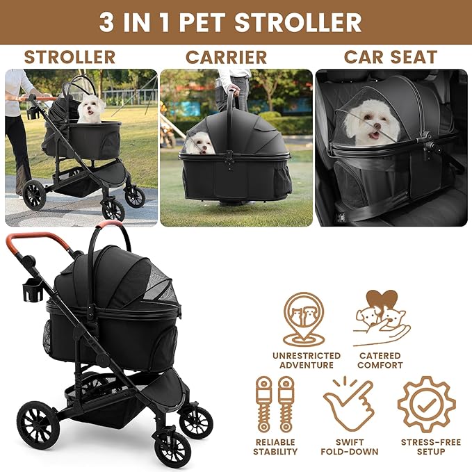 Pet Stroller for Medium Dogs, Smooth-Ride Dog Stroller with Detachable Carrier, Rubber Wheels, Car Seat Combo 3-in-1, Up to 50 lbs, for Senior Dogs & Cats, Black