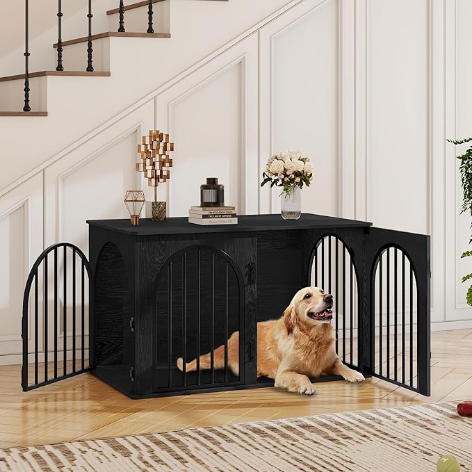 39.4" Wooden Dog Crate Furniture, Indoor Dog Kennel Dogs Cage for Small/Medium/Large Dogs, Heavy Duty Dog Crates Decorative Pet House End Side Table TV Stand, Black DFC84104B