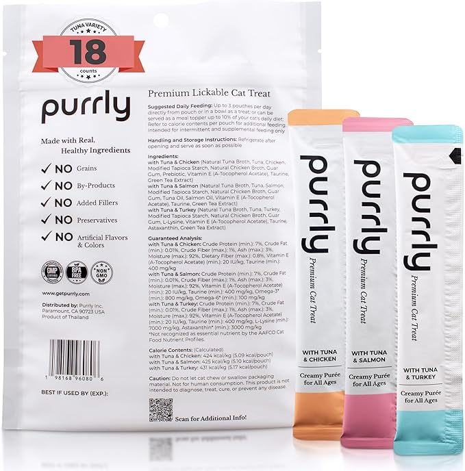 Purrly Cat Treat Snack Wet Lickable Low Calorie Healthy Grain-Free Tuna Variety Packs (18 Count) Squeezable Creamy Purée with Human-Grade Proteins and Functional Nutrients No-Artificial-Additives