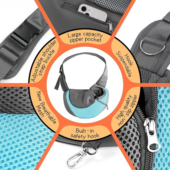 YUDODO Pet Sling Carrier for 10-15 lbs Small Dogs & Cats – Hands-Free Puppy Carrier with Safety Hook, Large Zipper Pocket, Soft Breathable Mesh, Adjustable Strap & Reflective Strip (Cyan 1.0 L)