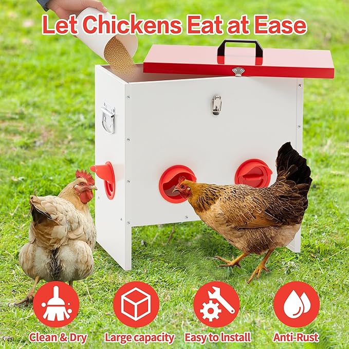 Metal Chicken Feeder Large Capacity Automatic, 6-Ports Weather-Resistant & Animal-Proof Poultry Feeder for Chickens, Geese, Ducks, Turkeys, Quails