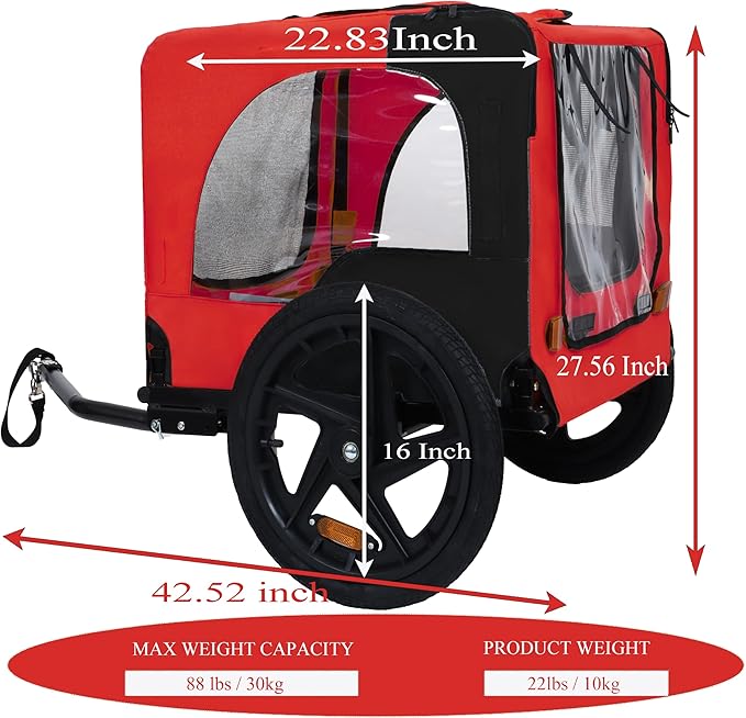 Heavy Duty Dog Bike Trailer with 16" All-Terrain Wheels & Universal Hitch, Foldable Pet/Cargo Carrier for Bicycles, Camping, Hiking
