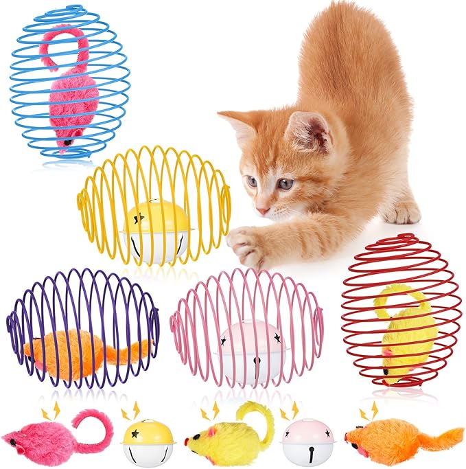 Jecery Cat Spring Balls Toys Stretchable Rolling Balls Colorful Playful Coils Interactive Action Toy Caged Rats for Kitten Pet Supplies (Mouse and Bell,Multicolor,5 Pcs)