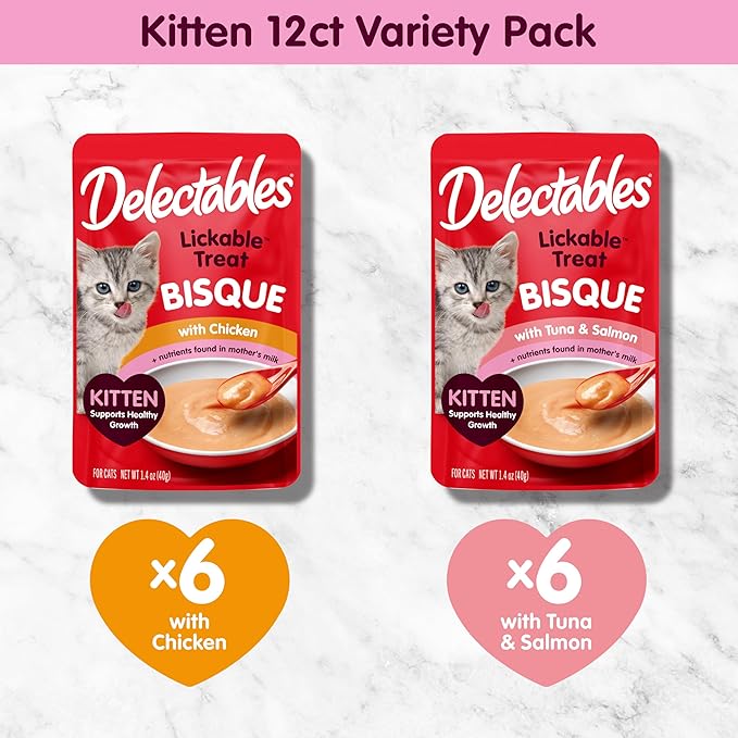 Delectables Lickable Treat Bisque Kitten Wet Cat Treat with Real Tuna & Salmon, Complete & Balanced, Hydrating, Grain-Free, No Fillers, No by-Products, No Added Preservatives, 1.4oz Pouch, 12ct