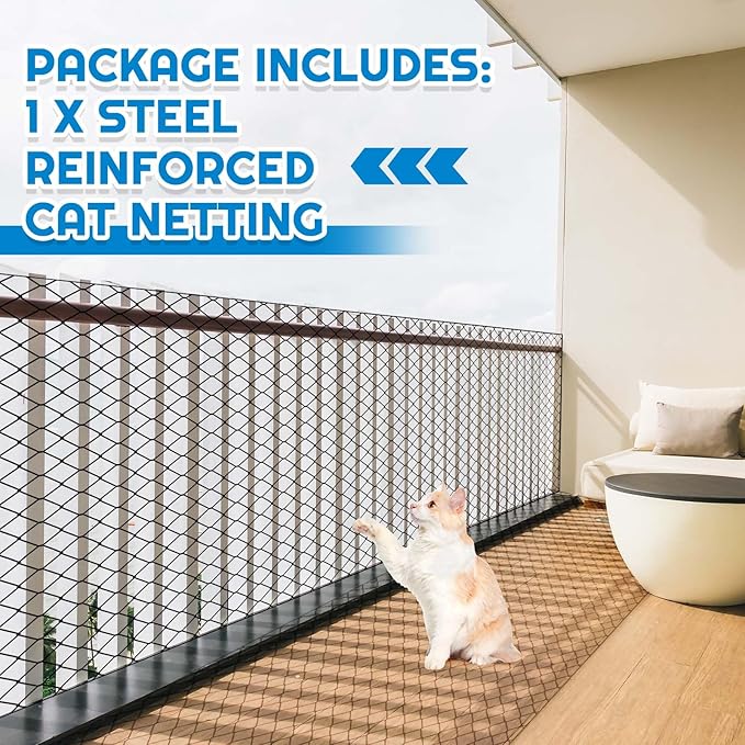 Steel Cat Netting Balcony, 10ft x 13ft Steel Reinforced Cat Wire for Balcony, High Strength Safety Pet Netting for Catio, Proof Screen for Pets, Strong Catio Protection Barrier Mesh Fence