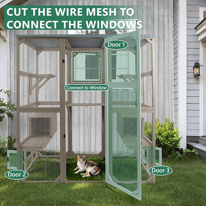 Large Outdoor Cat Catio Enclosures, Wooden Catio Window Cat Patio for Cats Feral with 5 Platforms, 2 Resting Rooms, Waterproof Cover