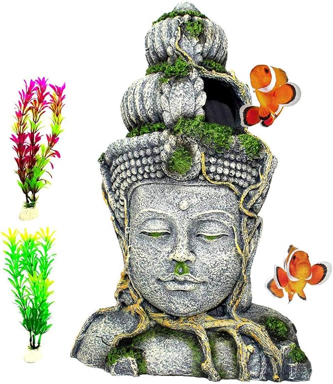 PINVNBY Aquarium Buddha Head Statue Decorations,Fish Tank Resin Large Buddha Sculpture Ornament,Betta Hideout Cave Sleep Rest Play for Small Fish Shrimp Lizard Gecko Small Reptile(3 Pack)