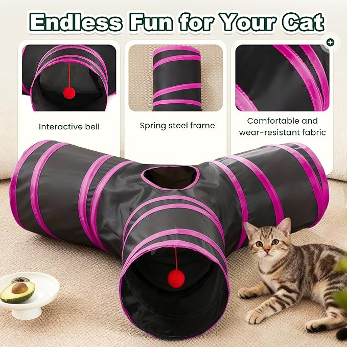 Love’s Cabin Cat Tunnel for Indoor Cats, 3-Way Collapsible Play Tunnel with Teaser Wand, Peek Holes & Toy Ball, Small Pet Toy for Kittens & Rabbits, White & Light Grey, Medium Size