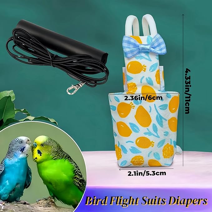 2 Pcs Bird Diapers Bird Harness Flight Suits Diapers with 80 Inch Flying Leash Reusable Parrot Nappy with Waterproof Inner Layer for Cockatiel Budgie Conure Parakeet Lovebird-Bowknot&Lemon