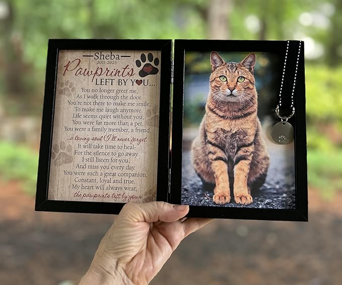 Pawprints Left By You Memorial 5x7 Frame for Cat with Pet Tag - Thoughtful Cat Memorial Gift (Black Personalized)