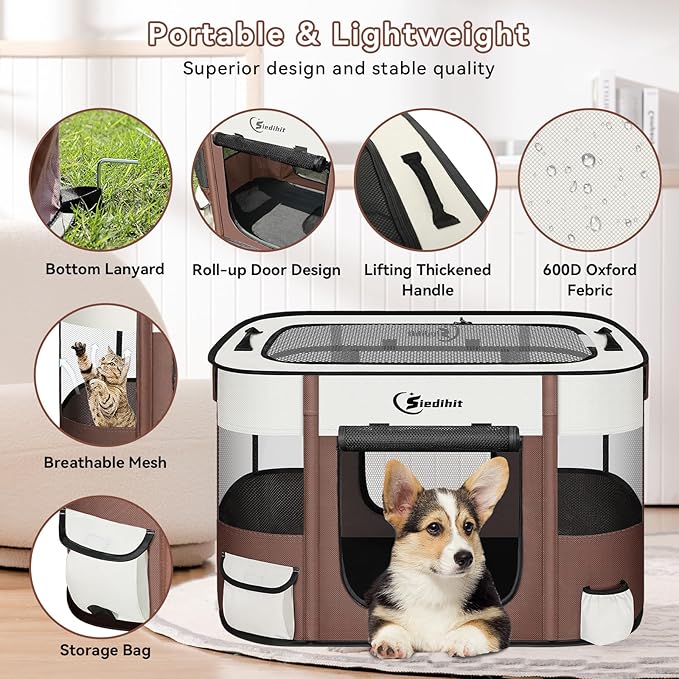 Dog Playpen,Cat Pet Puppy Pen,Portable Playpens for Dogs Indoor Outdoor Travel Camping Use,Foldable Dog Kennel Tent Crate for Rabbit Small Animals with Carrying Case (Brown, Small)