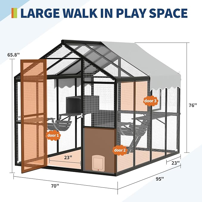 Large Outdoor Cat Enclosure for Multiple Cats - Weatherproof Catio with UV Cover, Platform & Side Door