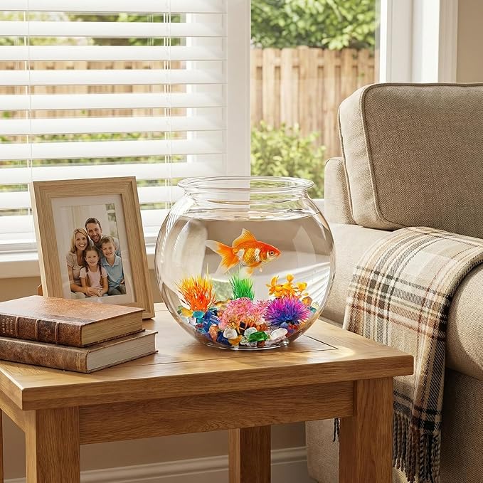1 Gallon Round Plastic Fish Bowl Set, Crystal Clear Plastic Aquarium for Fish with 5 Decorative Plants and 8.8oz Colorful Stones, Small Fish Tank for Home Decoration