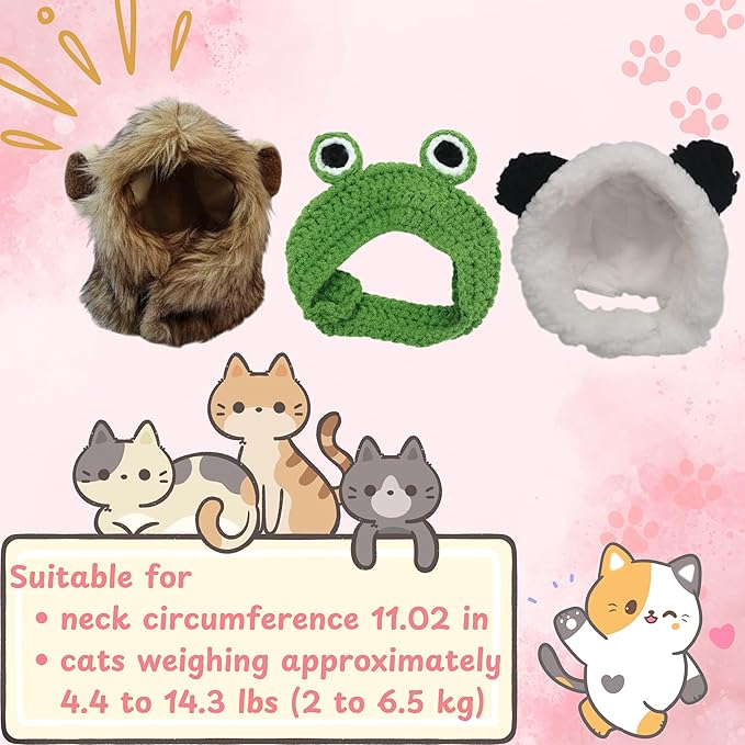 3pcs Hat for Cat Animal Costume Pack, Lion Head for Cats, Cat Panda Costumes, Frog Costume for Cats, Adjustable Washable Soft Small Pet Headwear Accessory, Costumes Pet Clothes (Lion, Panda, Frog)