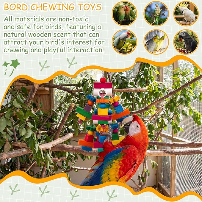 3 Pcs Large Parrot Toys 17.8" Colorful Chewing Toy with Natural Wood Blocks for African Greys, Cockatoos, Parrots, Macaws, Medium Birds Cage Toy Accessories