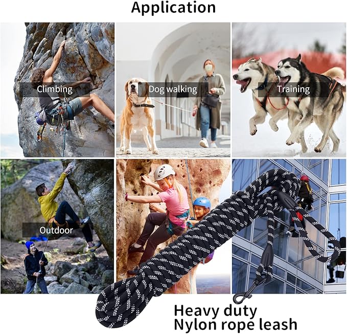 Long Dog Leash for Training 50Ft-Reflective Nylon Rope with Swivel Hook-Recall Agility Lead for Large Small Medium Dogs Outside Walking Hiking-Black