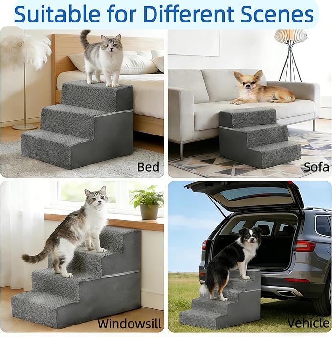 Simple Deluxe Dog Stairs for Small Dogs, 3-Step Dog Step for Puppy, Older Cat, Medium Pet Ramp for Sofa, Couch or Chair, Indoor Non-Slip Pet Ladder with High Density Foam, Gray