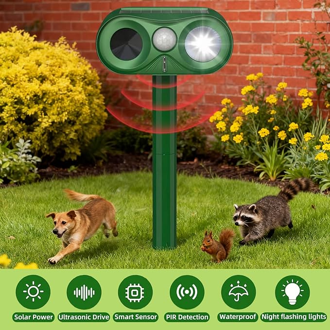 Upgraded Ultrasonic Animal Repeller,Solar Powered Cat Repellent Outdoor,Deer Deterrent with LED Flashing Motion,Sensor and Sound,Waterproof Bird Repeller for Dog Fox Garden Patio Dark-Green