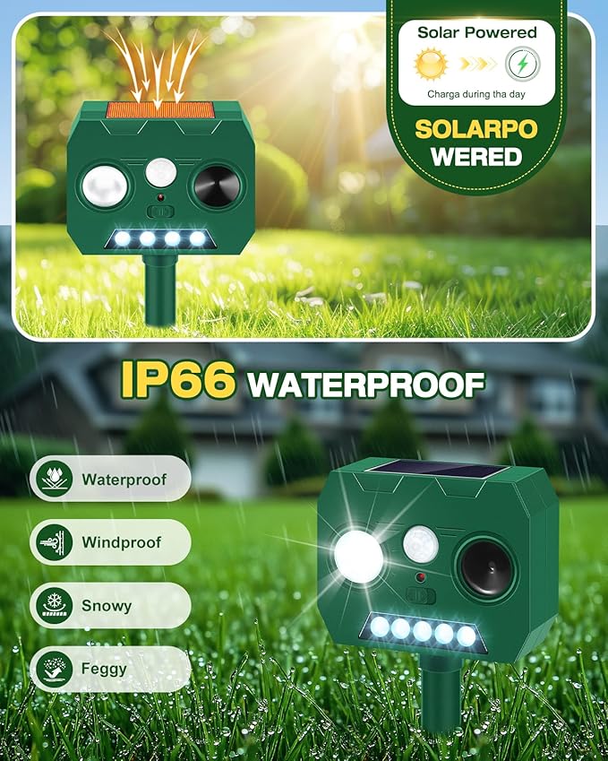 Solar Ultrasonic Animal Repellent Outdoor, 4 Pack Cat Repellent Outdoor Deer Repellent Devices with PIR Motion Sensor ＆ LED Flash, Waterproof Squirrel Repeller, Cat, Raccoons, Rabbits, Deer, Skunk