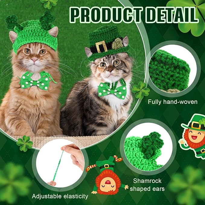 MTLEE 4 Pcs St Patrick's Day Pet Costume Accessories, 2 Pcs Shamrock Headband for Cat and 2 Pack Green Cat Neck Bow St. Patty's Day Top Hat with Ear Holes and Chin Straps Adjustable for Pets