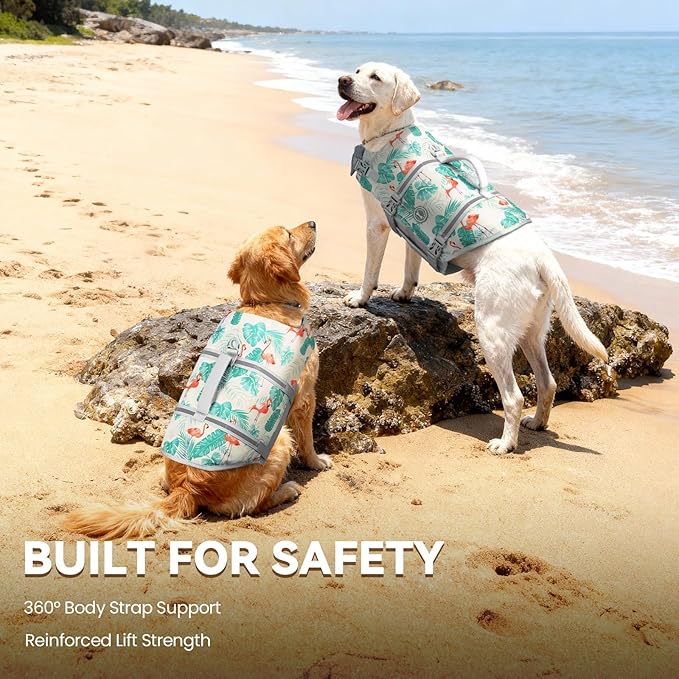 VIVAGLORY Rip Stop Dog Life Vest, Swimming Vest with Handle, Buoyancy for Doggy Puppy, Dog Life Jacket for Swimming & Boating, XL, Leaves Blue