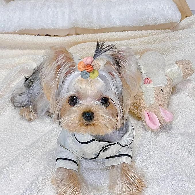 20 Pcs Small Dog Hair Bows with Rubber Bands Handmade Puppy Hair Bows Cute Grooming Flower Ball Bowknot Top Knot Dog Hair Accessories Hair Ties for Yorkie Maltese Pet (Pink) ﻿