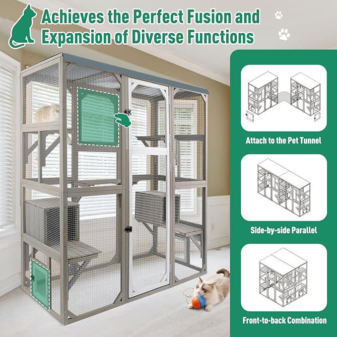 PetsCosset Outdoor Cat Catio Enclosures Large Wooden Cat House Patio for Indoor Cats Feral Cat Shelter with 2 Espace Doors, 2 Resting Rooms, 5 Platforms, Removable Waterproof Cover 67.7" H