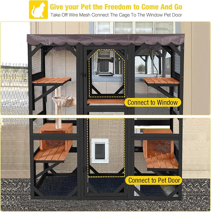 Aivituvin Catio Outdoor Cat Enclosure with Scratch Post, Hammock, Large Window Cat House for 2-6 Mulitiple Cats Walk in Kitty Cage with Tarp Roof 70" Black