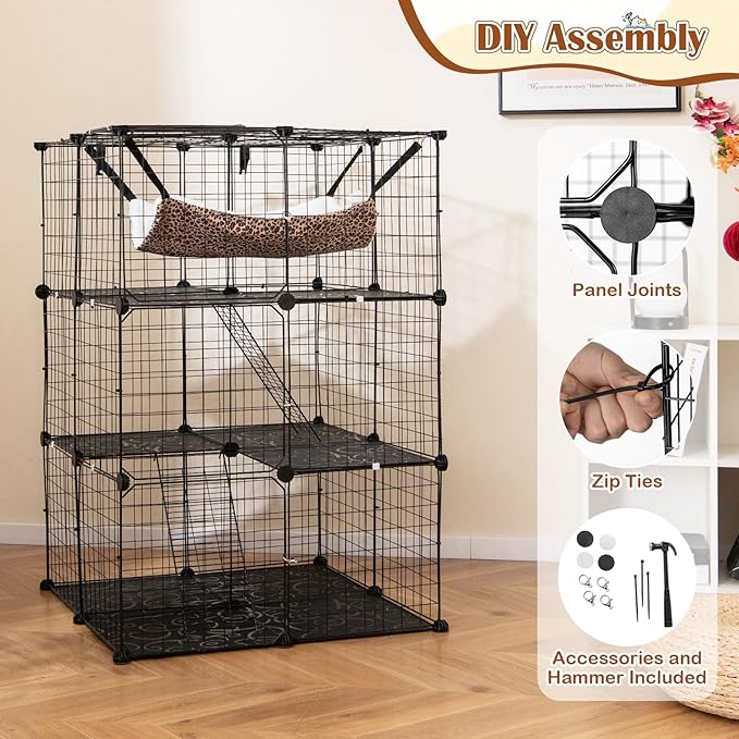 Tangkula Cat Cages Indoor, 3-Tier Cat Enclosure with Skylight, Extra Large Hammock, 2 Ladders, Detachable Metal Wire Kennel with 3 Lockable Doors, DIY Cat Crate & Pet Playpen Catio for 1-3 Cats Kitten