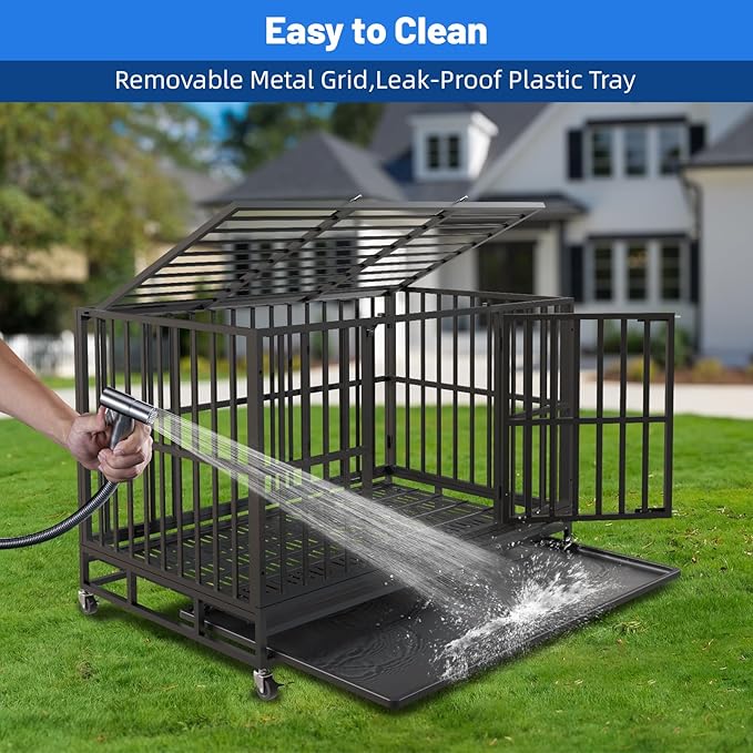 48 Inch Heavy Duty Indestructible Dog Crate, XL Steel Escape-Proof Kennel for Large Dogs, Double Door Design with 4 Locking Wheels & Reinforced Baseplate, Ideal for High-Anxiety Dogs
