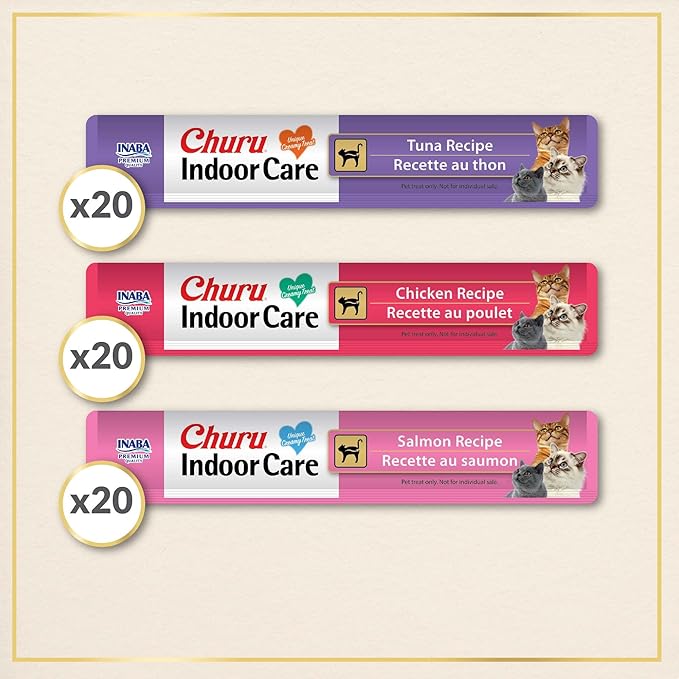 INABA Churu Indoor Care for Hairball Control, Functional Lickable Cat Treat with Taurine & Green Tea Extract, 0.5oz Each, 60 Tubes Total, Chicken & Seafood Variety