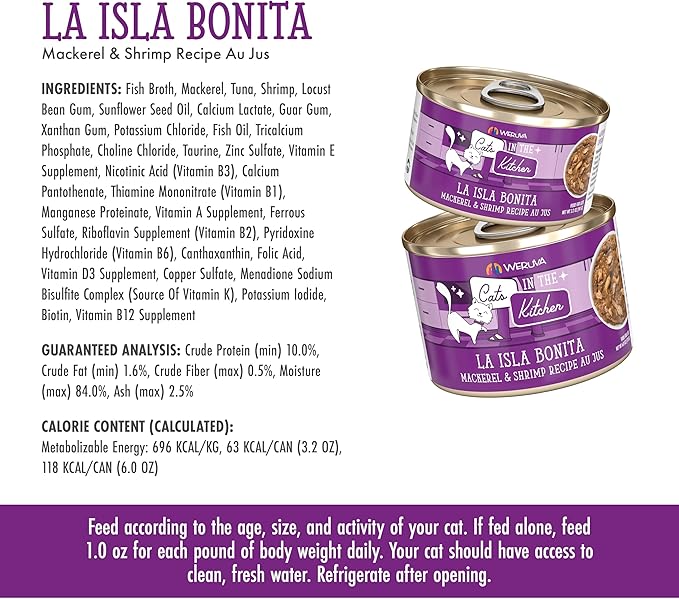 Weruva Cats in The Kitchen, La Isla Bonita with Mackerel & Shrimp Au Jus Cat Food, 3.2oz Can (Pack of 24)