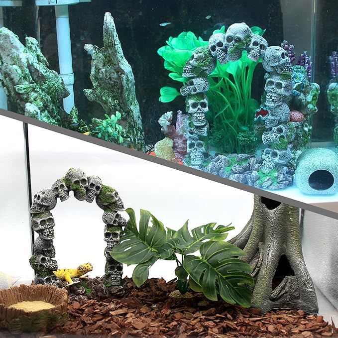 Aquarium Skull Cave Rocks, Reptile Tank Accessories, Fish Tank Decorations for Amphibians, Betta Fish, Shrimp, Hermit Crab, Leopard Gecko