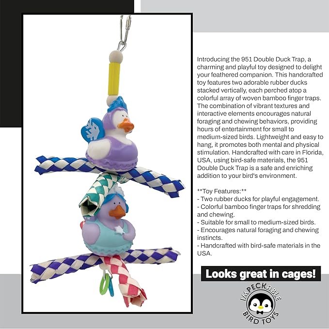 951 Double Duck Trap Bird Toy 9" - Handmade Foraging Bamboo Finger Traps & Rubber Ducks - Shredding & Chewing Cage Accessory for Conure, Parakeet, Lovebird & Cockatiel - Interactive Enrichment