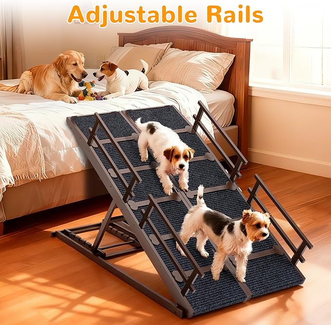 COSIEST Dog ramp for Bed, Wooden Pet Ramp Folding Portable for Couch and Bed, 64.5 Inch Long and Height Adjustable Dog ramp with Anti-Slip Grip & Safety Rails, Up to 200lbs, Brown