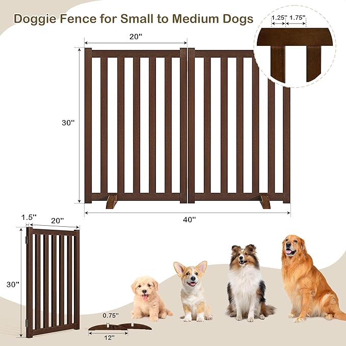 30" Height Tall Freestanding Pet Gate, Solid Wood Folding Safety Fence Wooden Dog Gate with 2 PCs Support Feet Ideal for Stairs, Doorways, Halls, Kitchens, Heavy Duty Gates, 2 Panels, Walnut